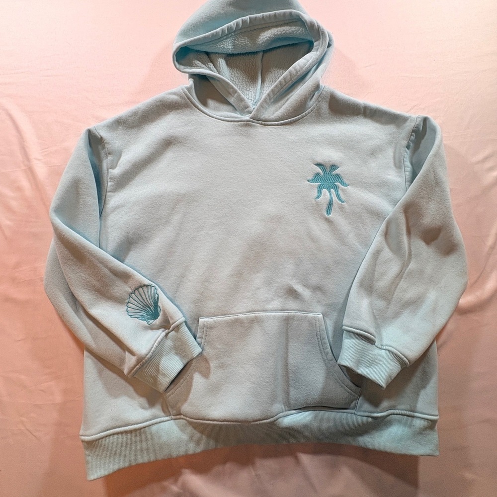 Pink Palm Puff Hoodie Womens Large Blue Tropical Embroidered Fleece Sweatshirt - Picture 2 of 9